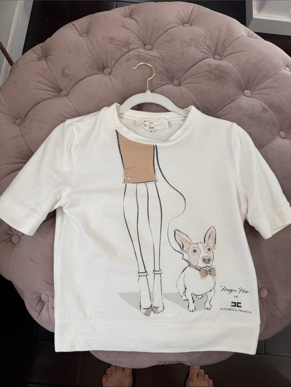 Elisabetta Franchi  Cream Graphic Dog Short Sleeve Tee size S